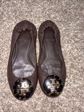 Tory Burch Dark Brown Leather Ballet Flats with Tortoiseshell Logo